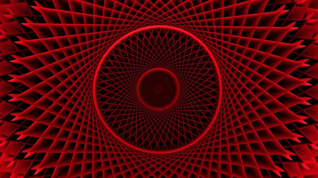 Red tunnel of intricate geometric patterns.